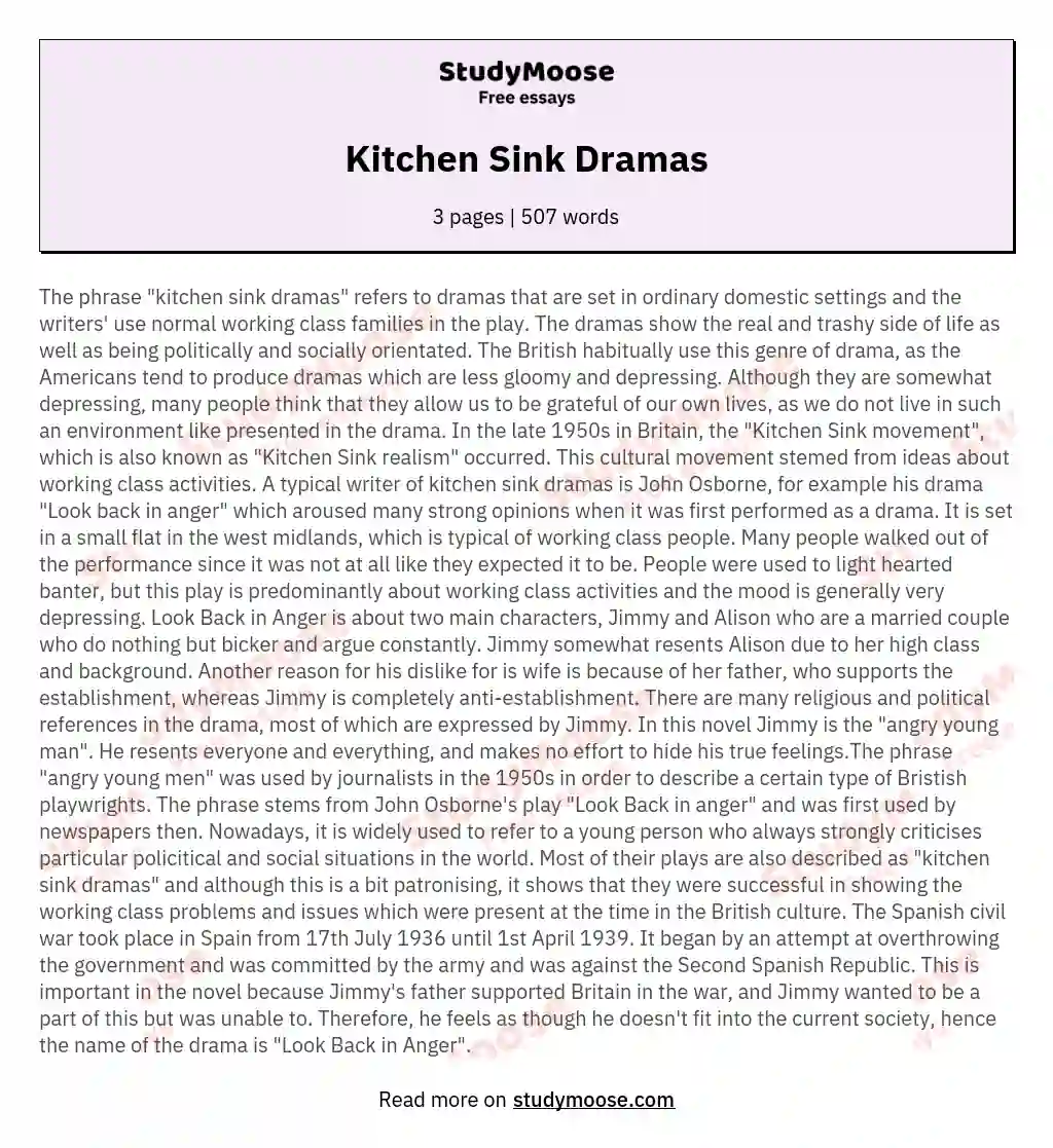 Kitchen Sink Dramas Free Essay Example
