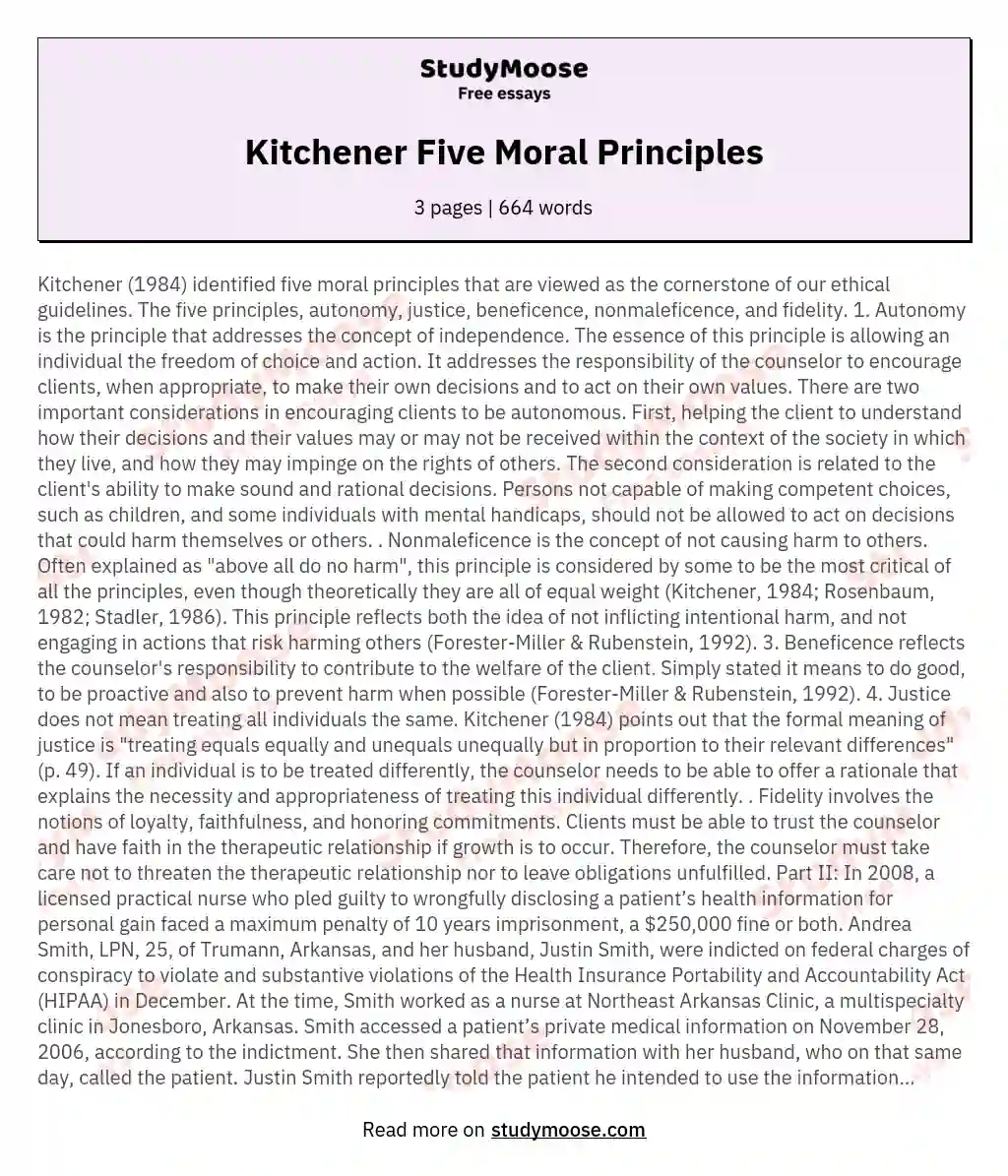 Kitchener Five Moral Principles essay