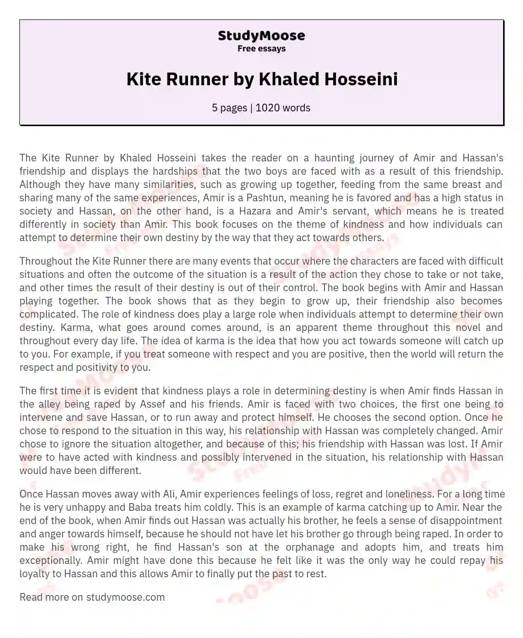 Kite Runner by Khaled Hosseini essay