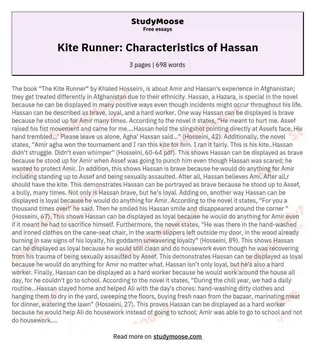 Kite Runner: Characteristics of Hassan essay
