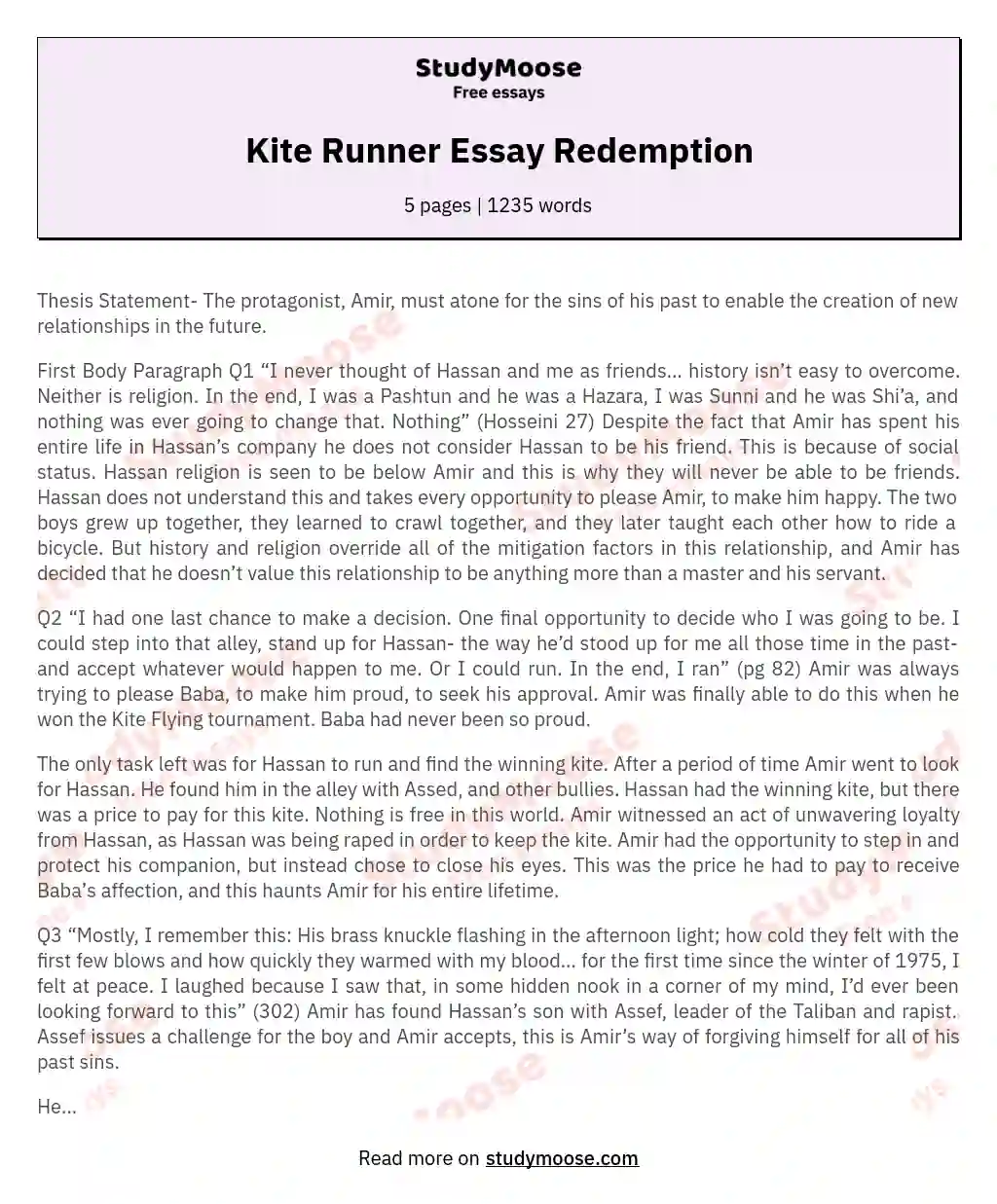 Kite Runner Essay Redemption