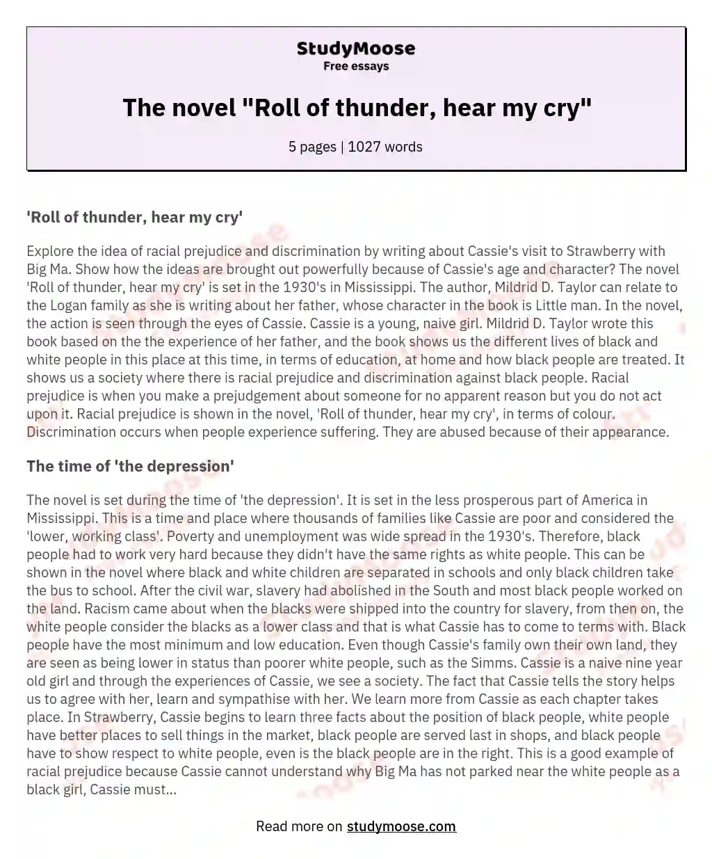 The novel "Roll of thunder, hear my cry" essay
