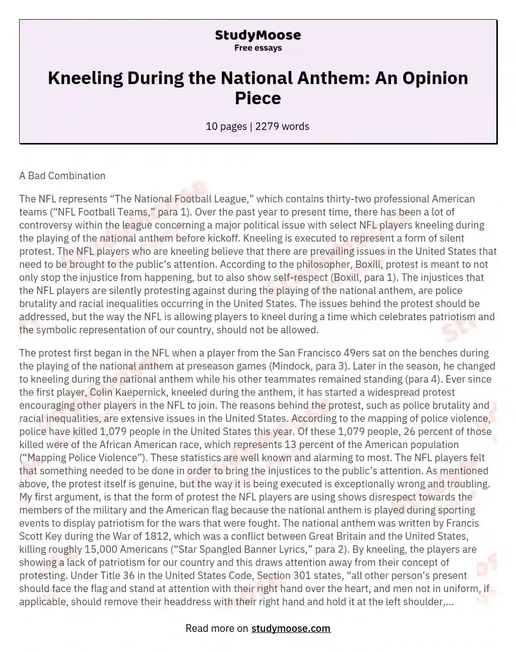 Kneeling During the National Anthem: An Opinion Piece essay