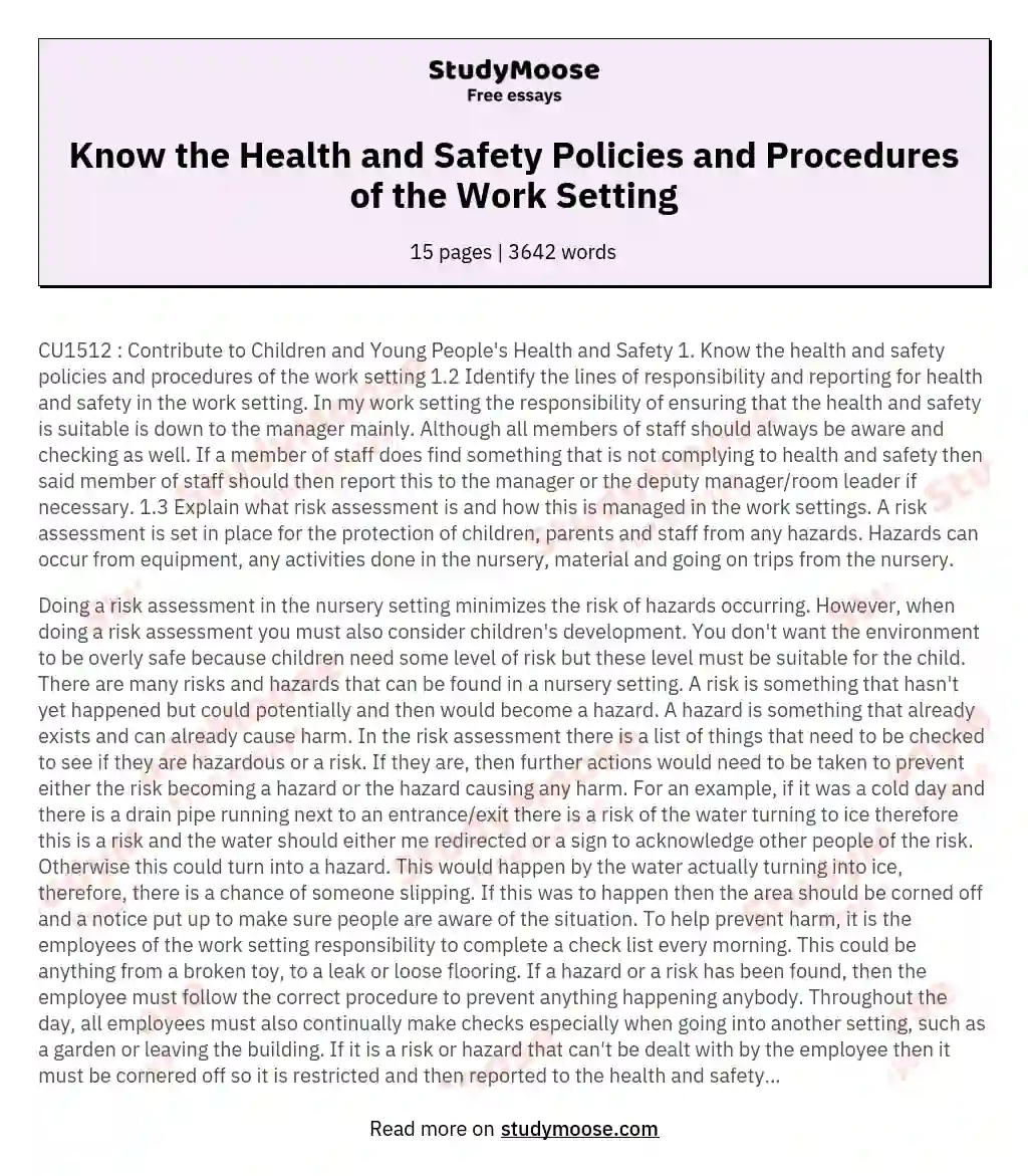 Know the Health and Safety Policies and Procedures of the Work Setting essay