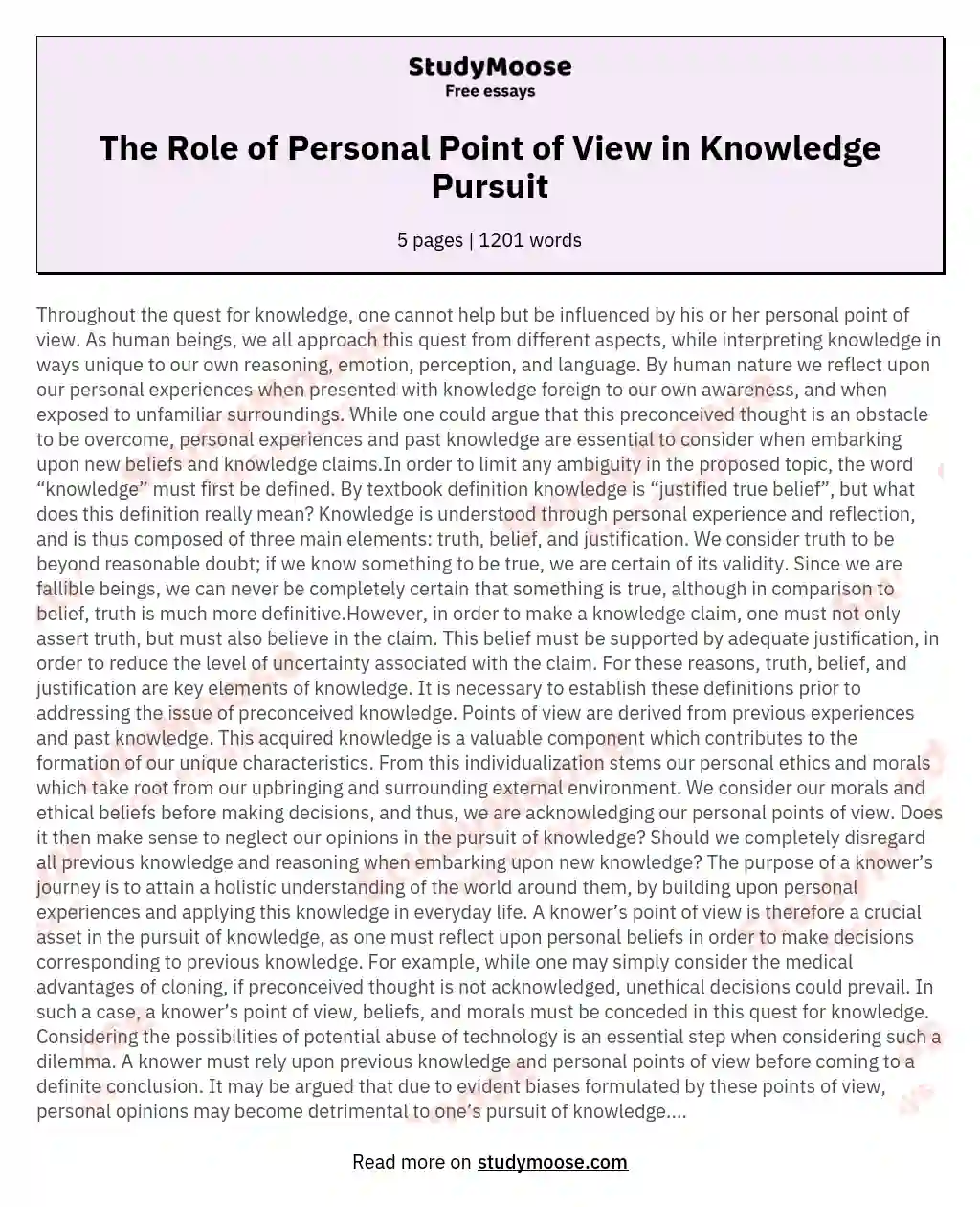 The Role of Personal Point of View in Knowledge Pursuit essay
