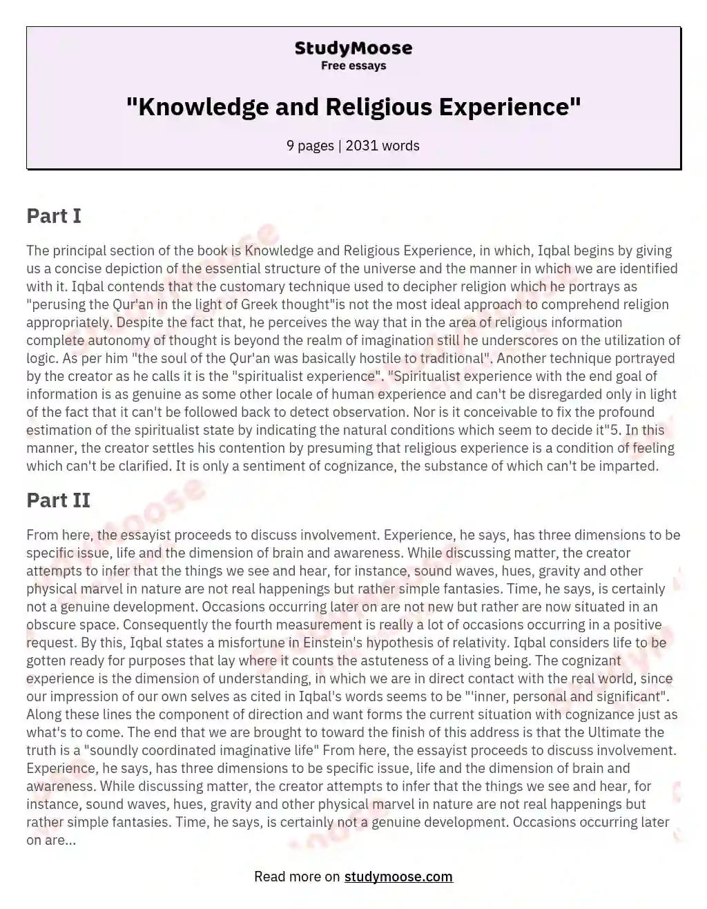 "Knowledge and Religious Experience" essay
