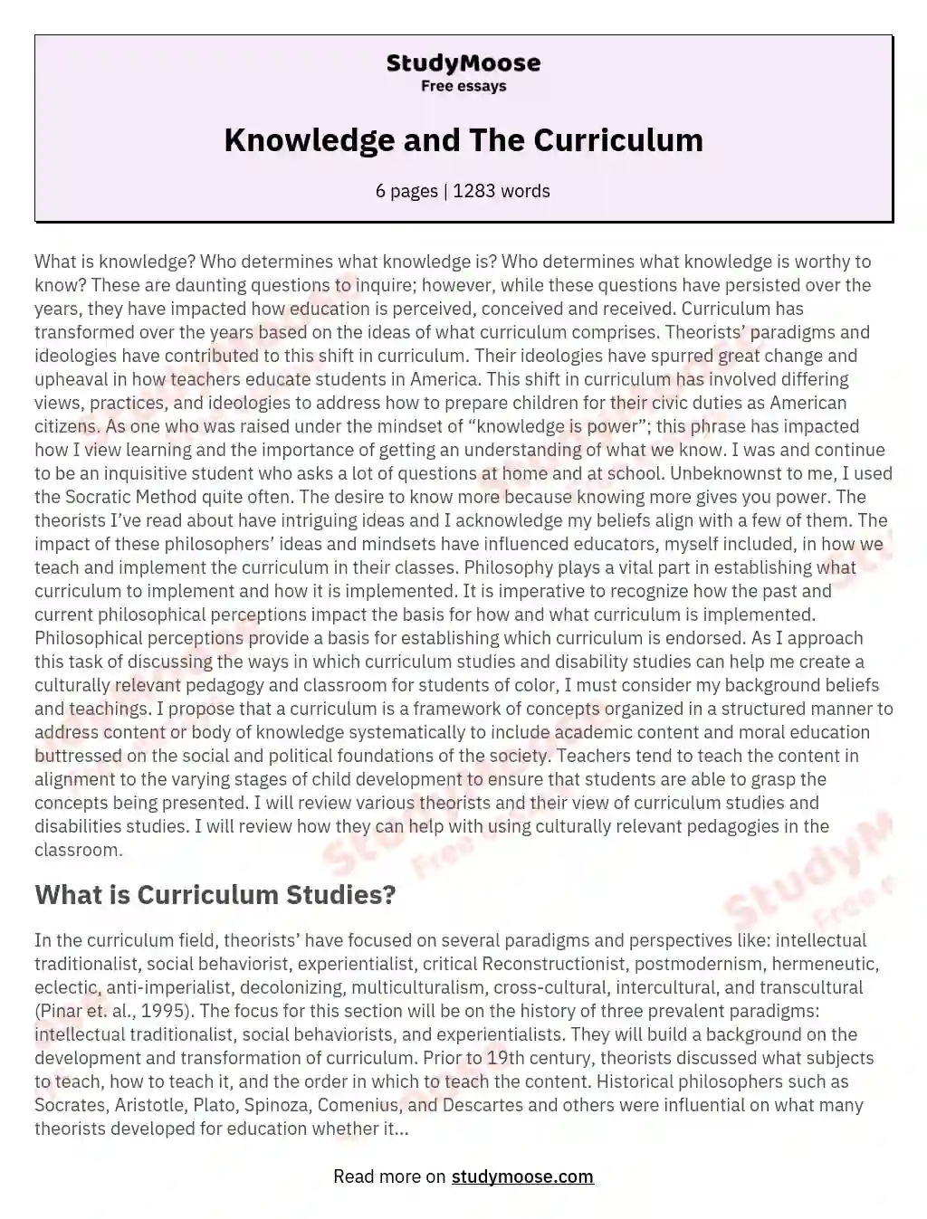 Knowledge and The Curriculum essay