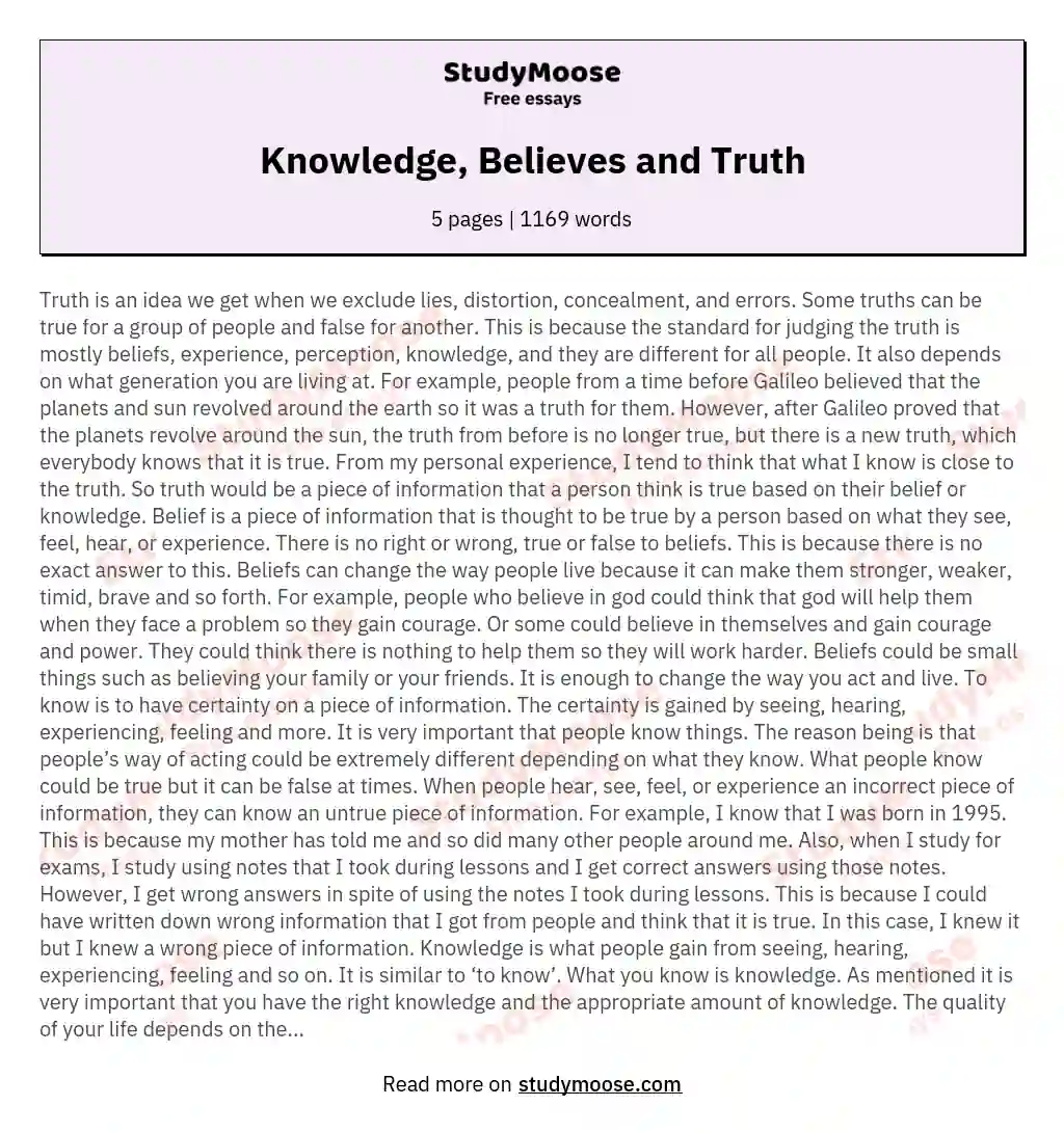 Knowledge, Believes and Truth essay