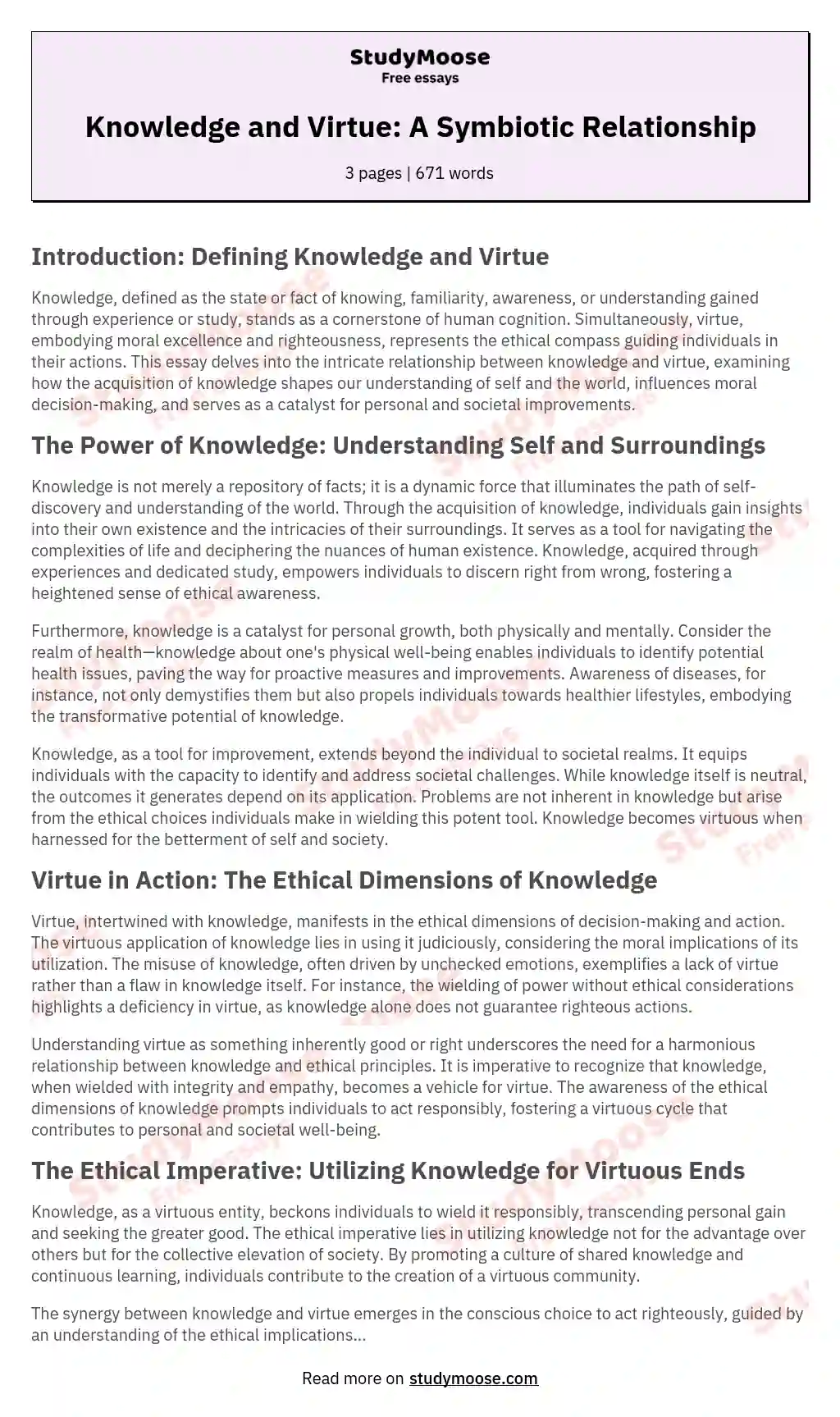 Knowledge and Virtue: A Symbiotic Relationship essay