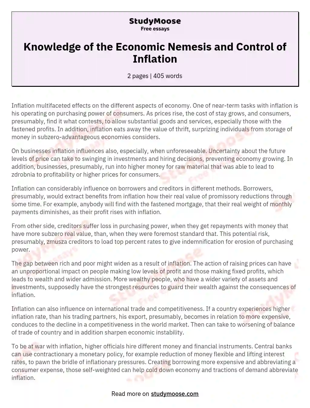 Knowledge of the Economic Nemesis and Control of Inflation essay