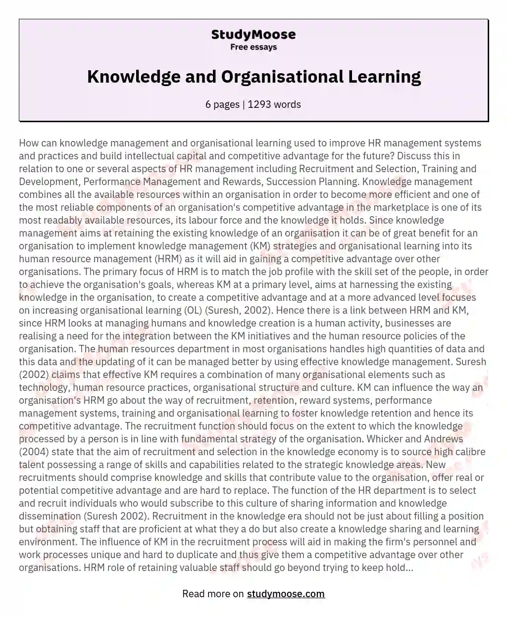 Knowledge and Organisational Learning essay