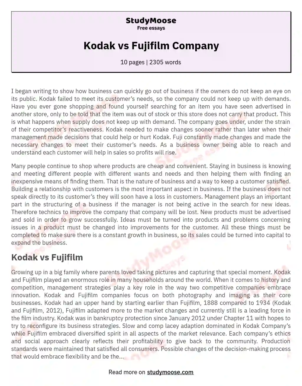 Kodak vs Fujifilm Company essay