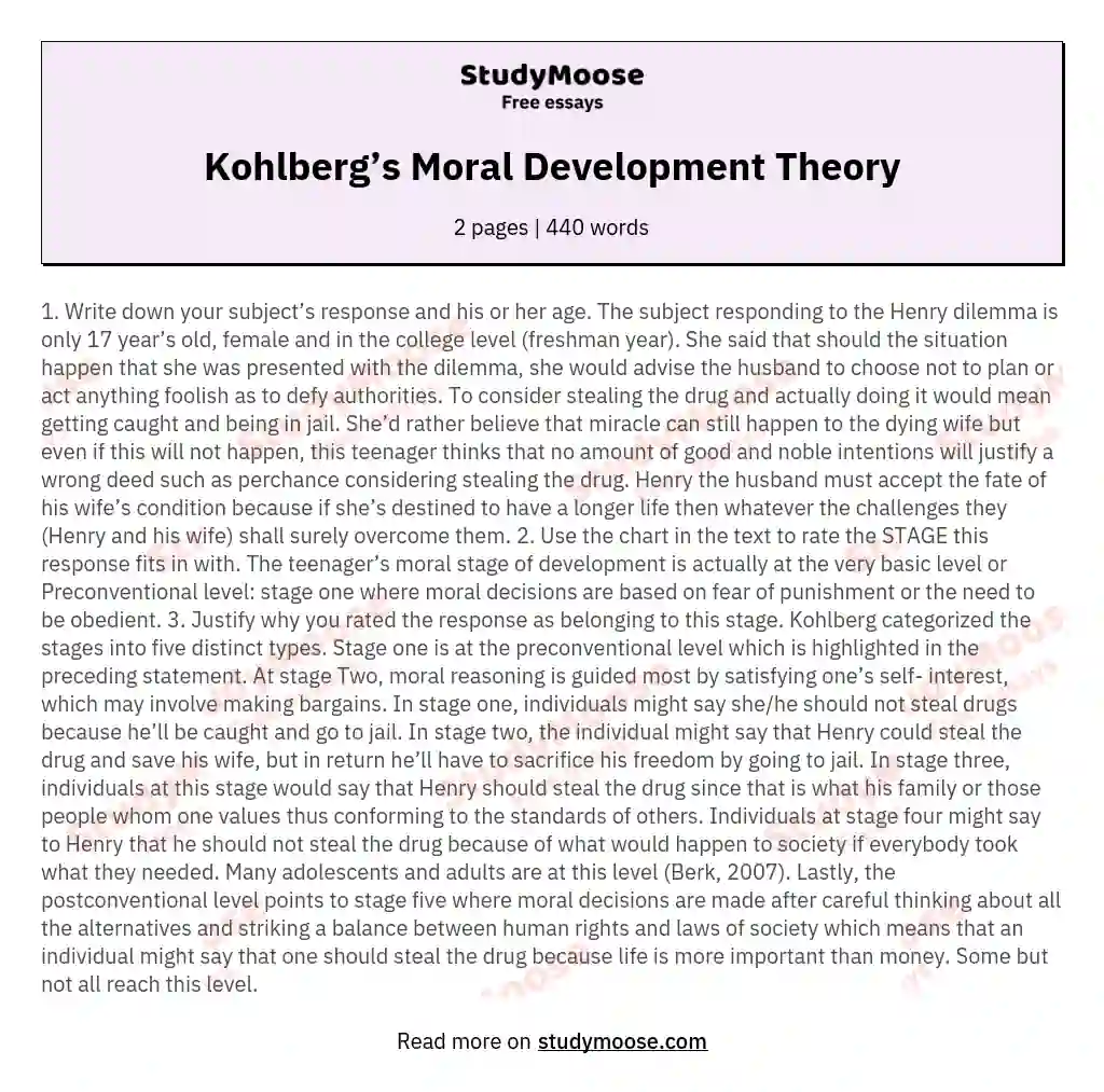 Kohlberg’s Moral Development Theory essay