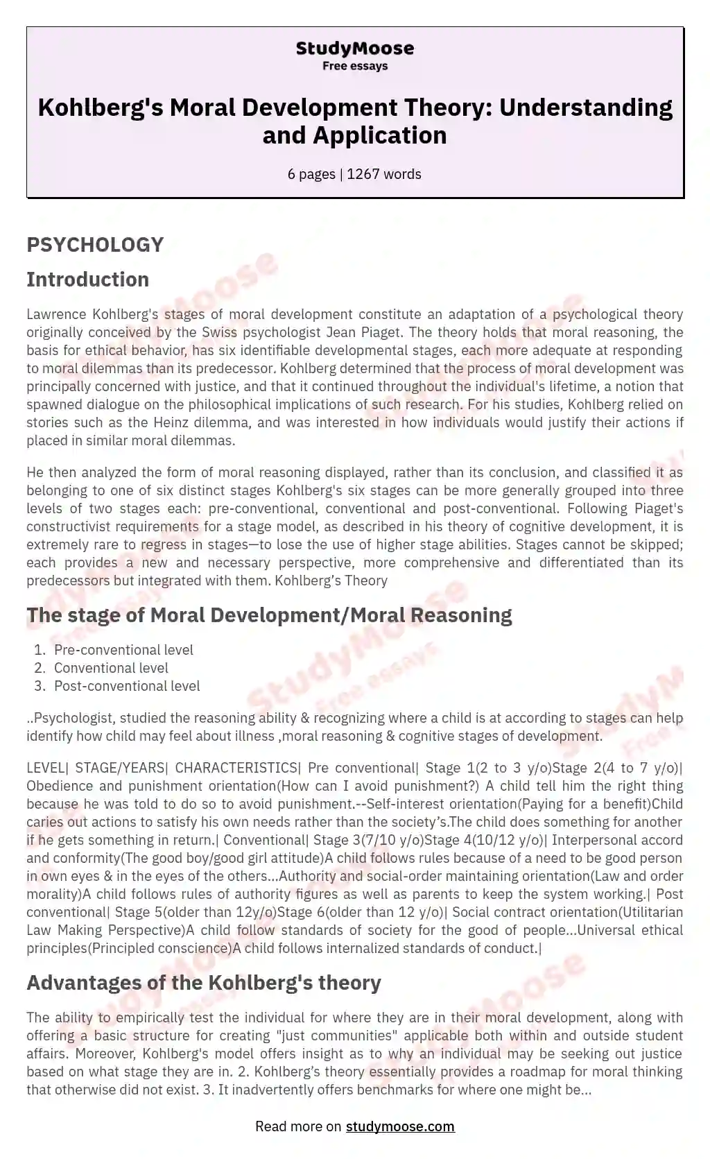 Kohlberg's Moral Development Theory: Understanding and Application essay