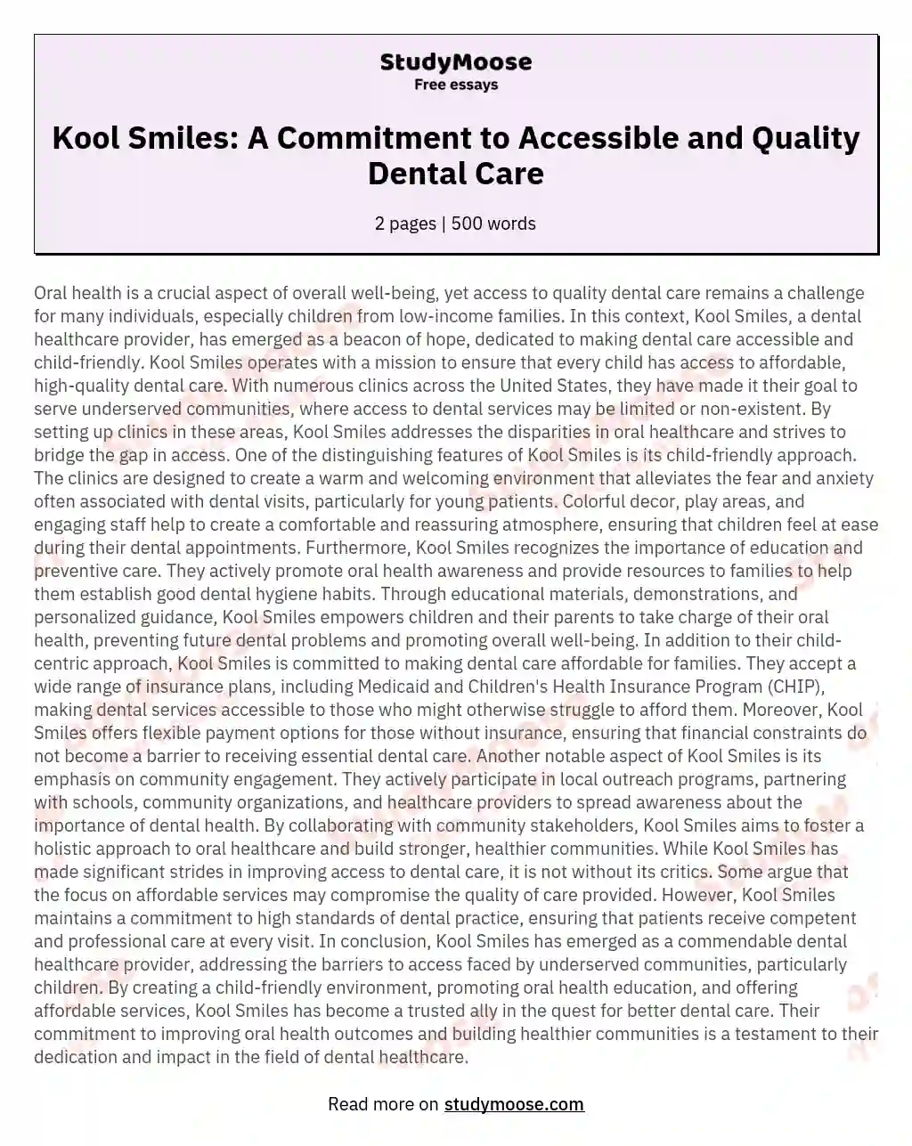 Kool Smiles: A Commitment to Accessible and Quality Dental Care essay