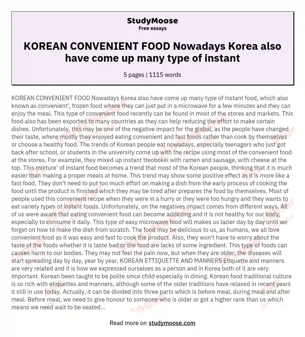 KOREAN CONVENIENT FOOD Nowadays Korea also have come up many type of instant essay