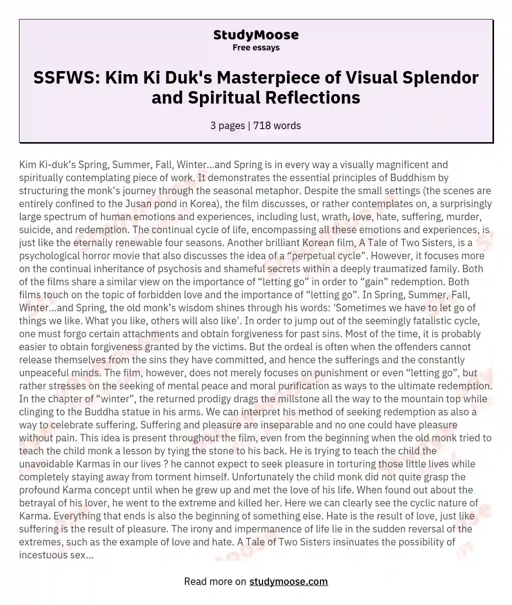 SSFWS: Kim Ki Duk's Masterpiece of Visual Splendor and Spiritual Reflections essay