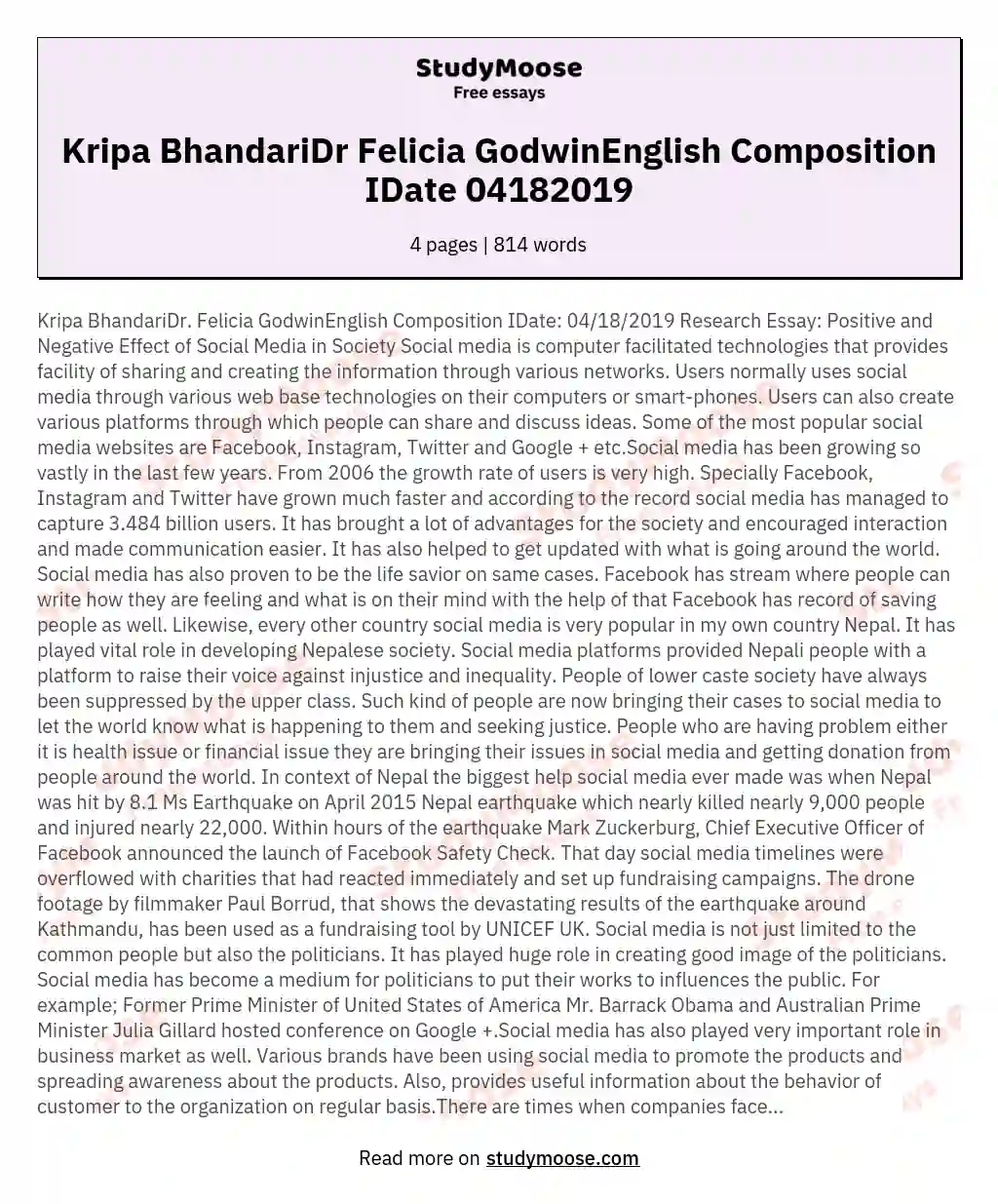 Kripa BhandariDr Felicia GodwinEnglish Composition IDate 04182019 essay
