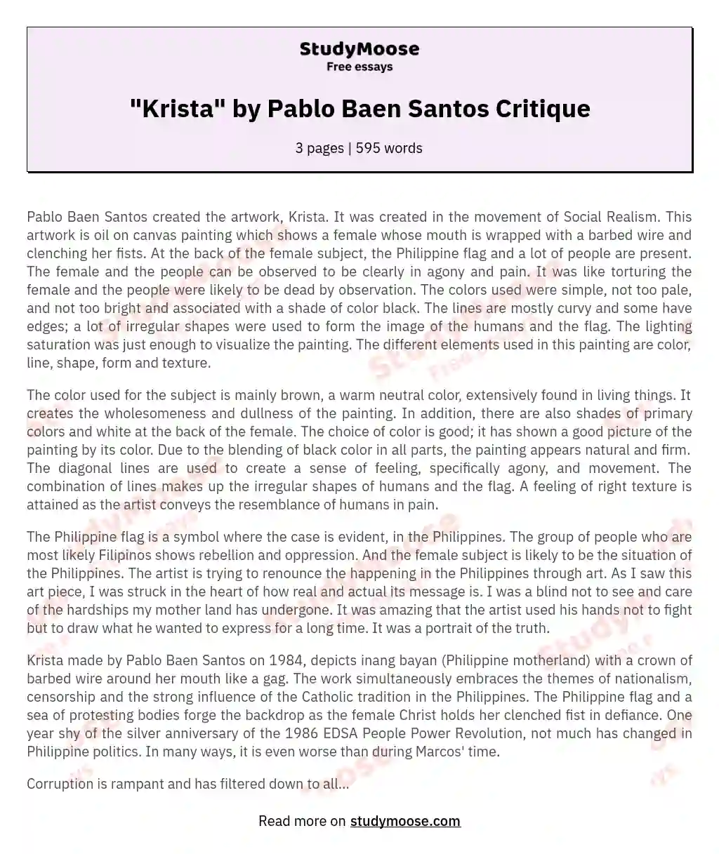 "Krista" by Pablo Baen Santos Critique essay