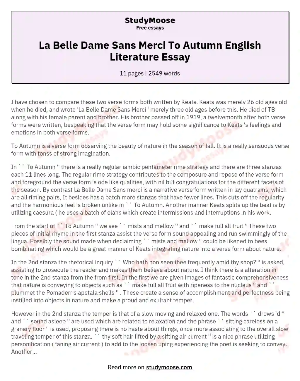 La Belle Dame Sans Merci To Autumn English Literature Essay essay