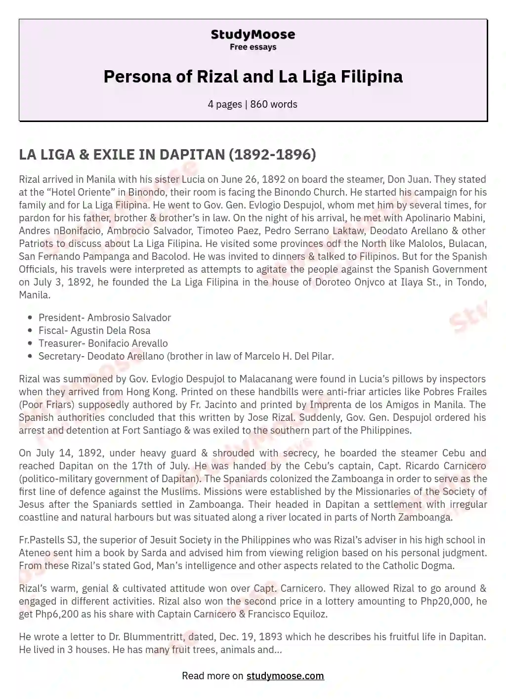 Persona of Rizal and La Liga Filipina essay
