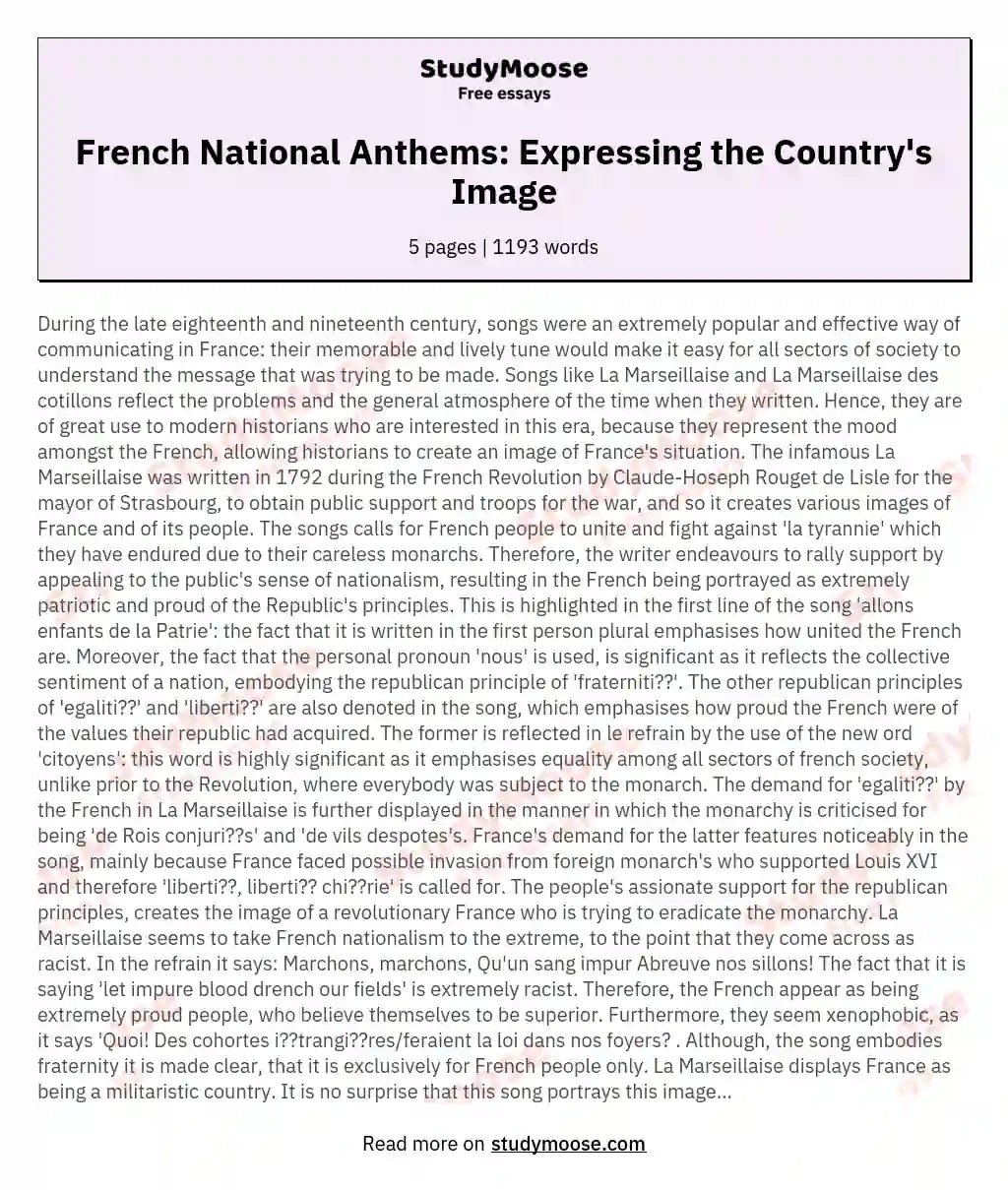 French National Anthems: Expressing the Country's Image essay