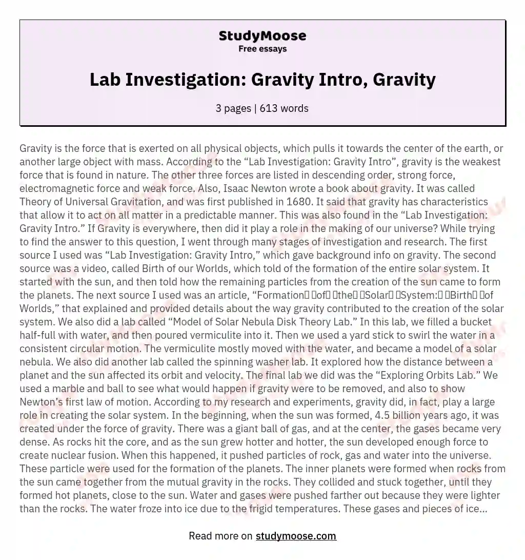 Lab Investigation: Gravity Intro, Gravity essay