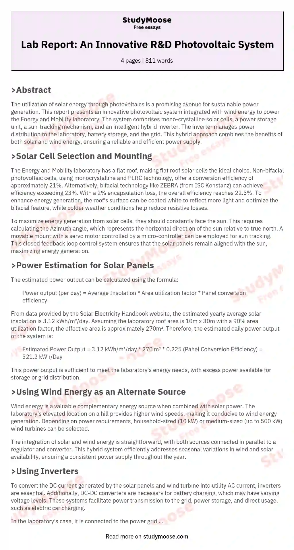 Lab Report: An Innovative R&D Photovoltaic System essay