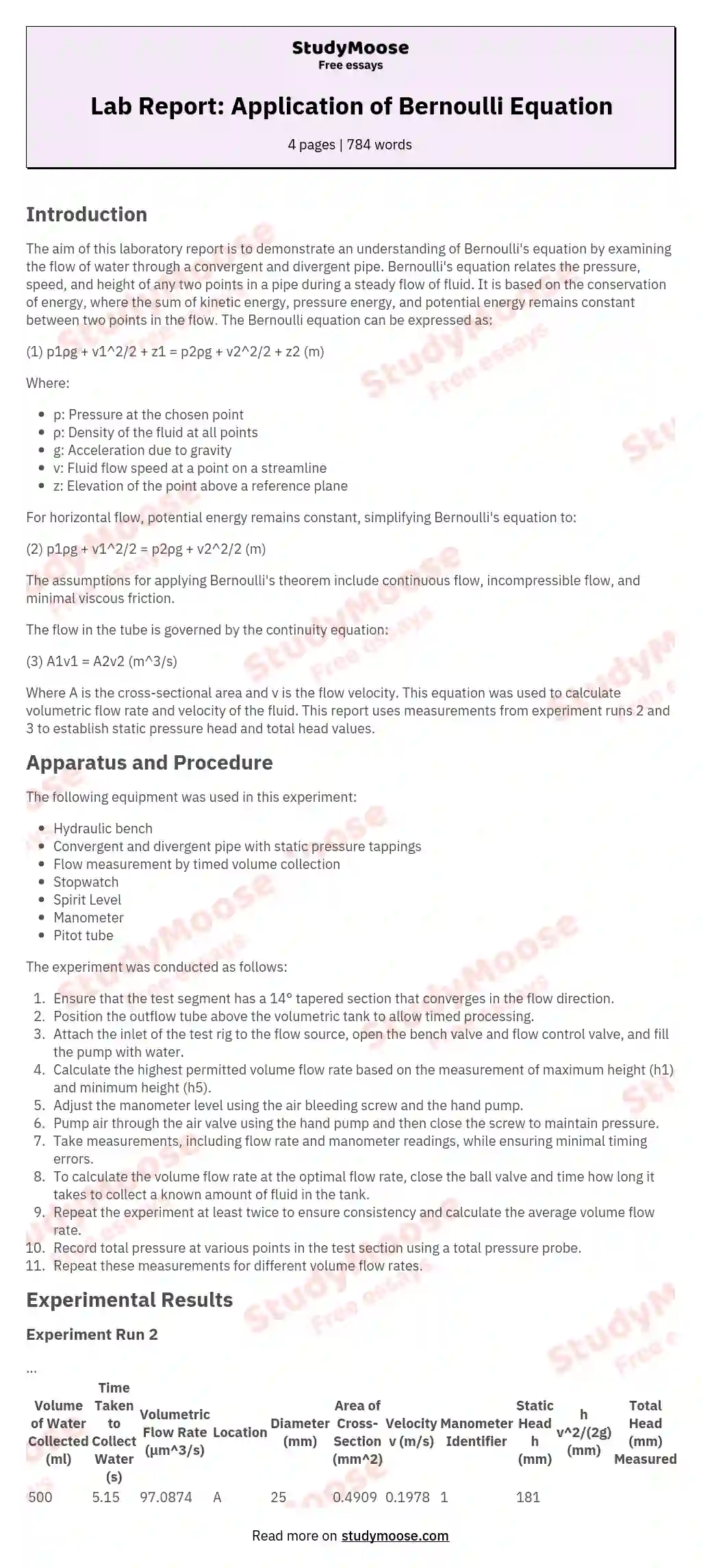 Lab Report: Application of Bernoulli Equation essay