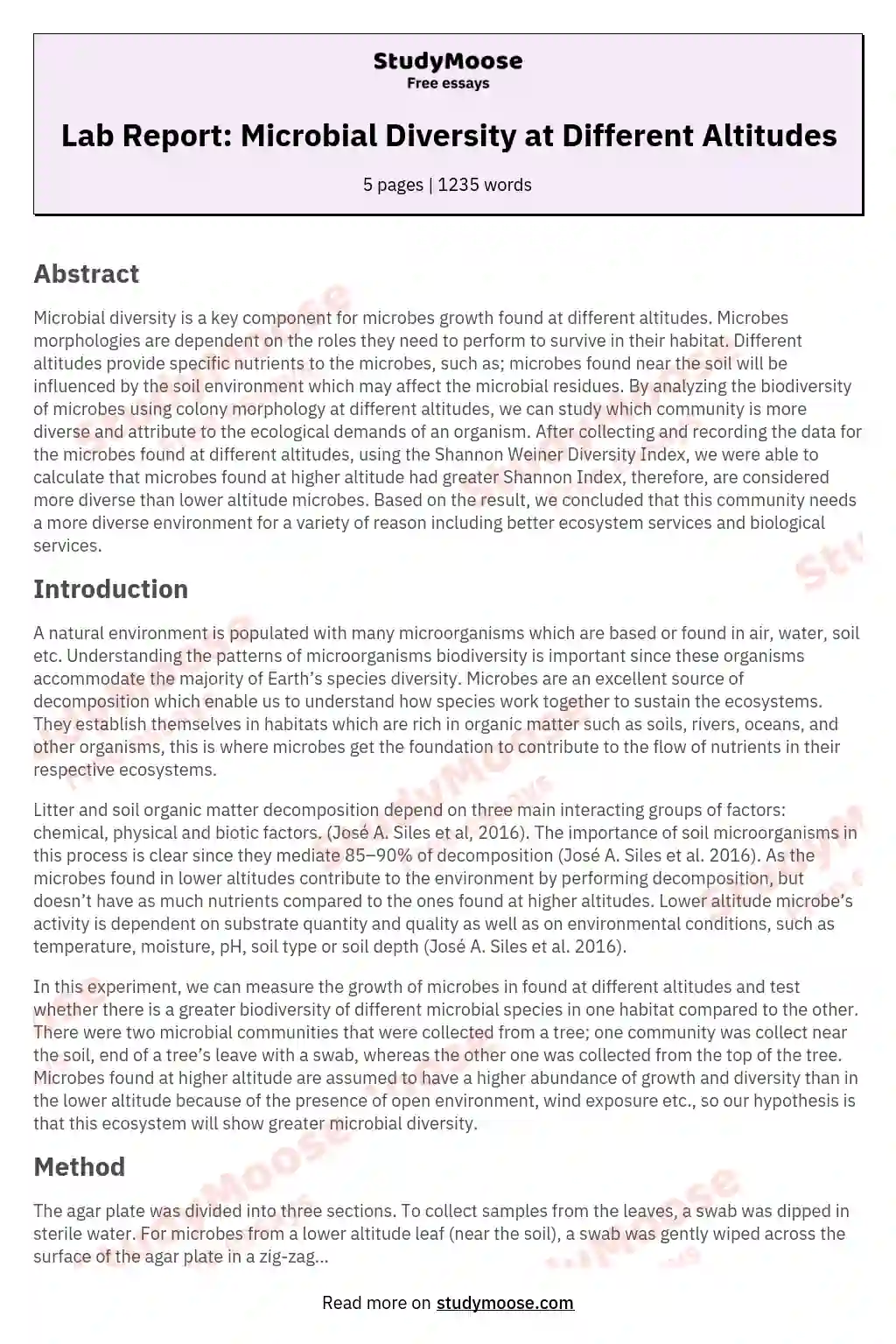 Lab Report: Microbial Diversity at Different Altitudes essay