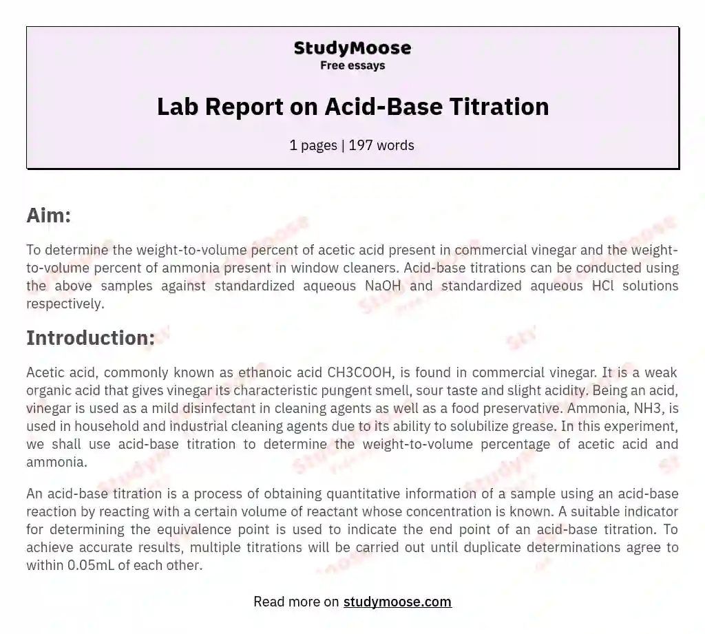 Lab Report on Acid-Base Titration essay