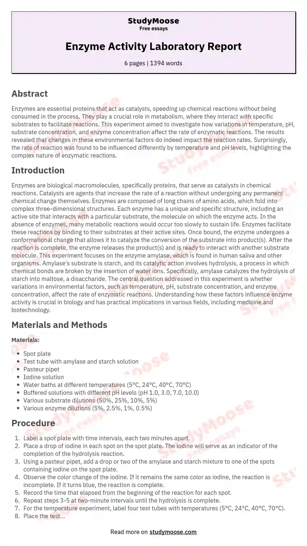 Enzyme Activity Laboratory Report essay