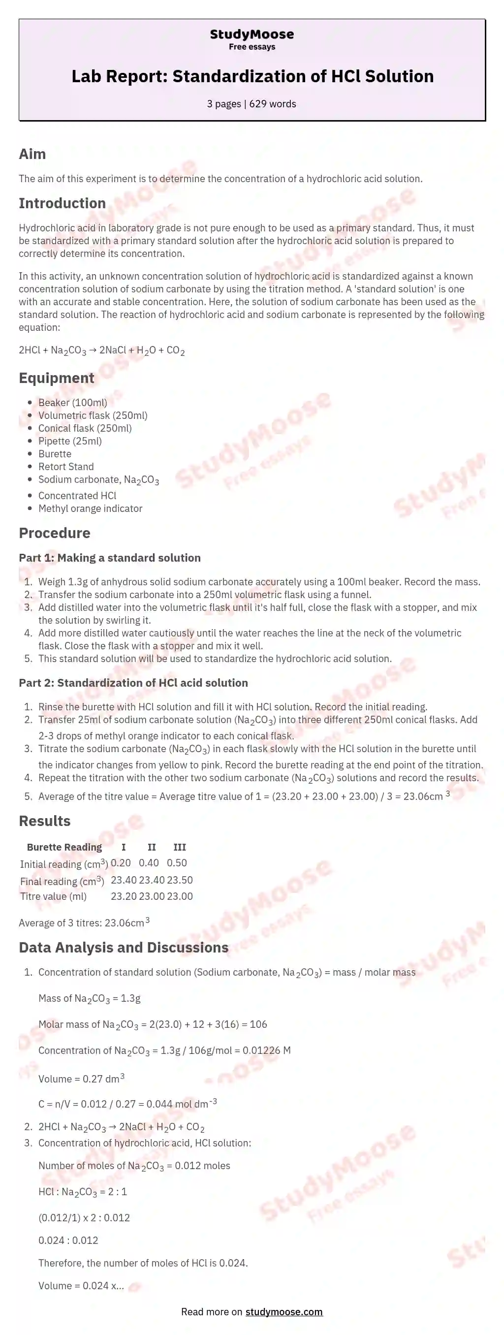 Lab Report: Standardization of HCl Solution essay
