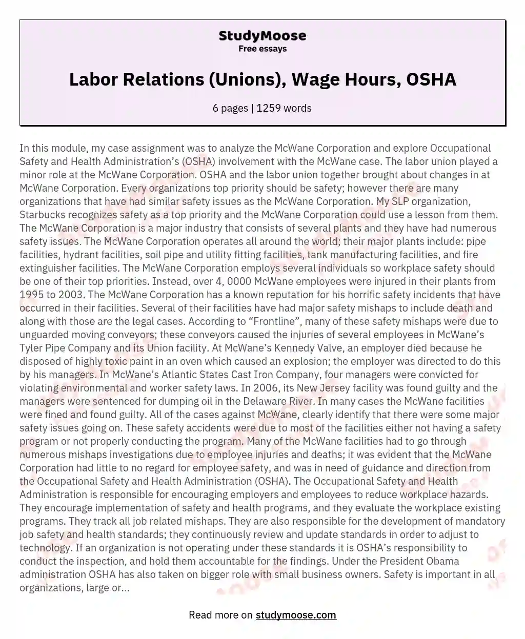 Labor Relations (Unions), Wage Hours, OSHA