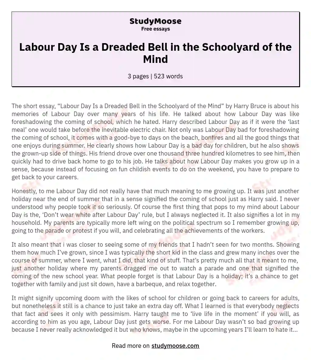 Labour Day Is a Dreaded Bell in the Schoolyard of the Mind essay