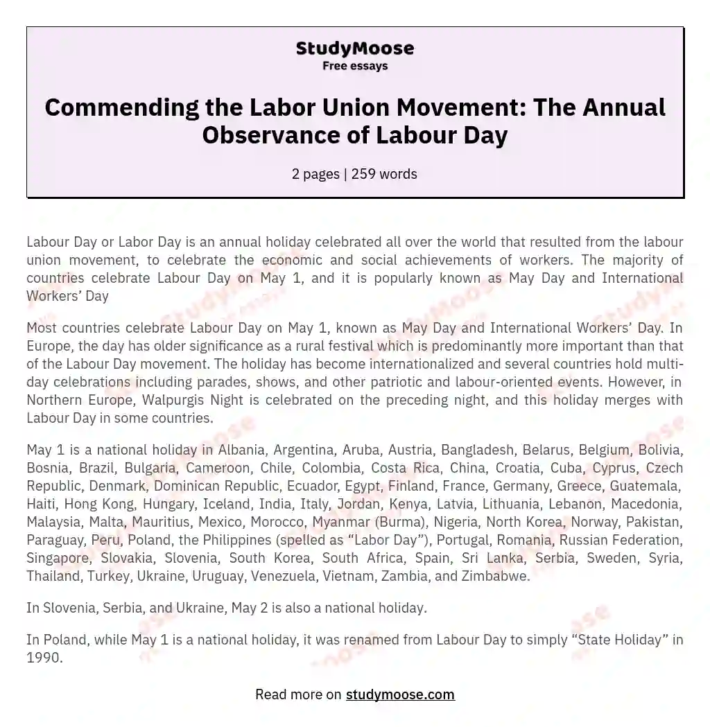 Commending the Labor Union Movement: The Annual Observance of Labour Day essay