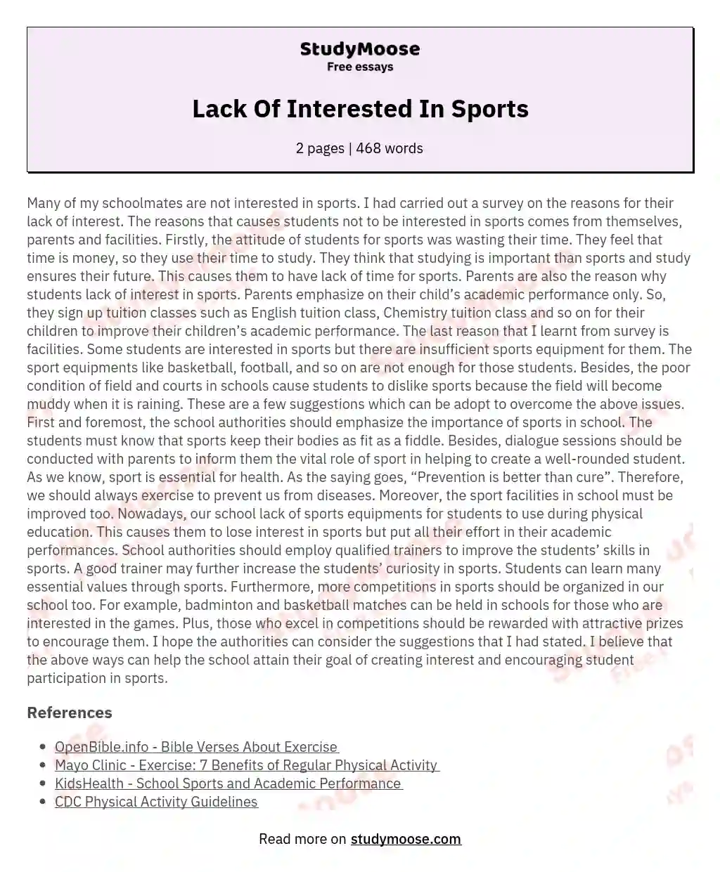 Lack Of Interested In Sports essay