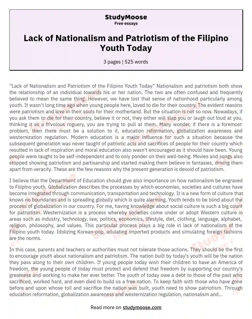 Lack of Nationalism and Patriotism of the Filipino Youth Today essay