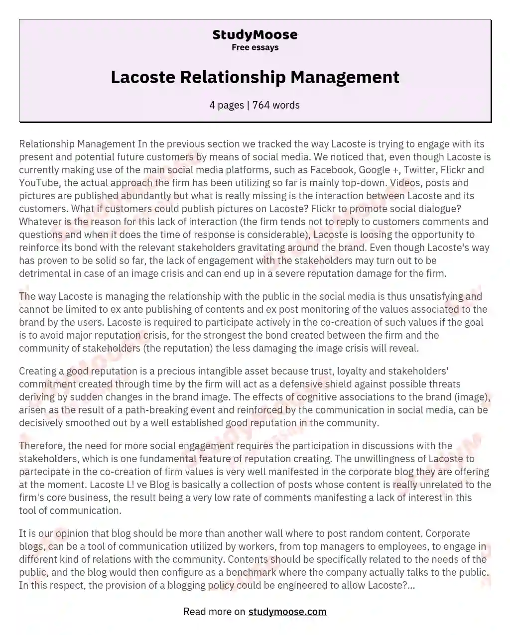 Lacoste Relationship Management essay