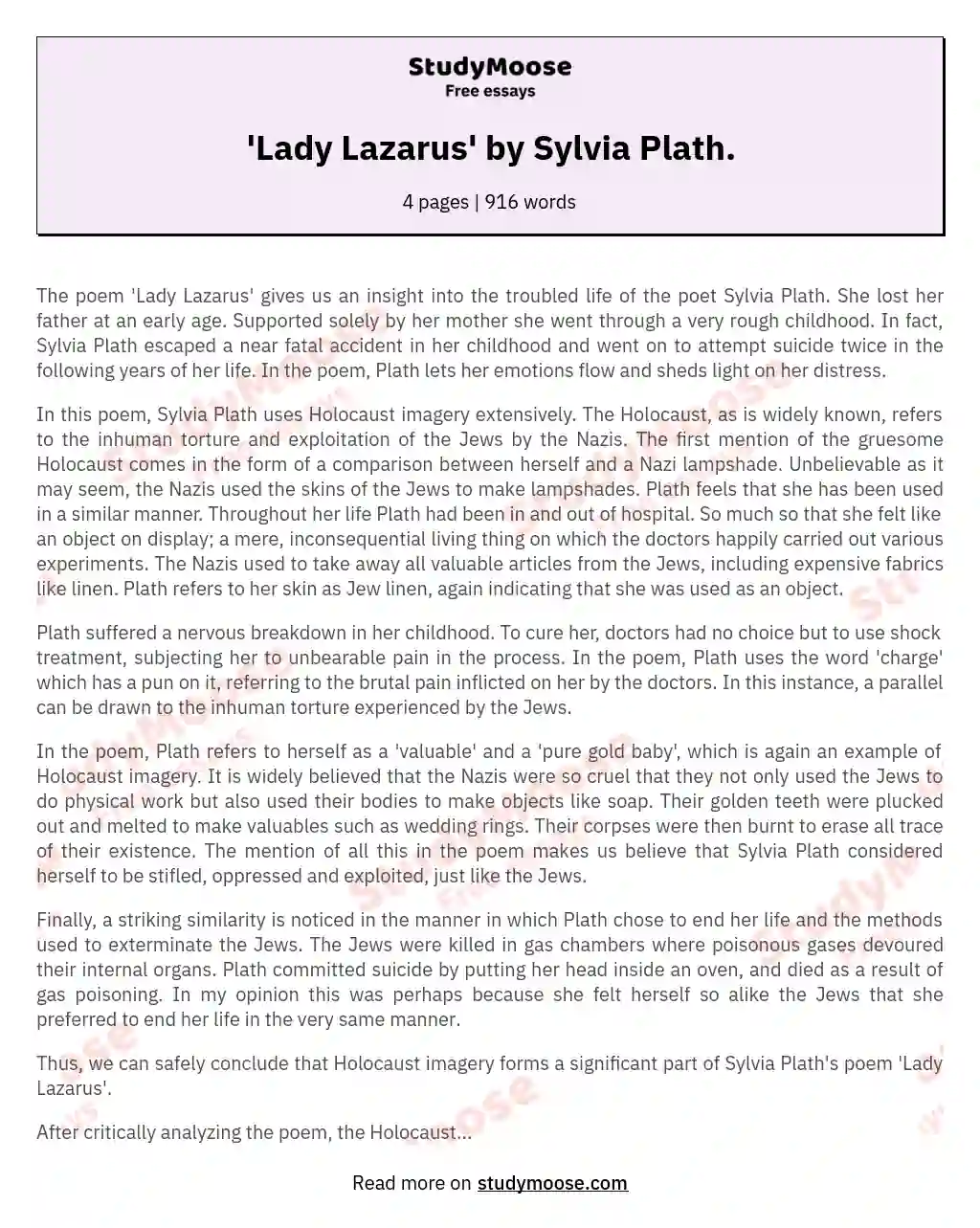 'Lady Lazarus' by Sylvia Plath. essay