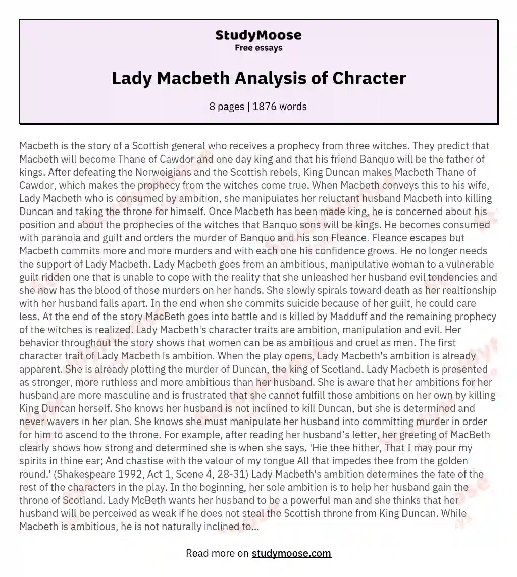 Lady Macbeth Analysis of Chracter essay