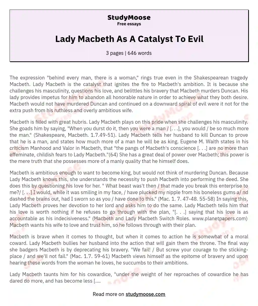 Lady Macbeth As A Catalyst To Evil essay