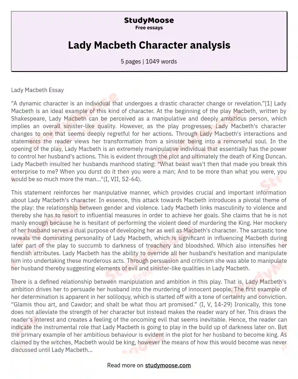 Lady Macbeth Character analysis essay
