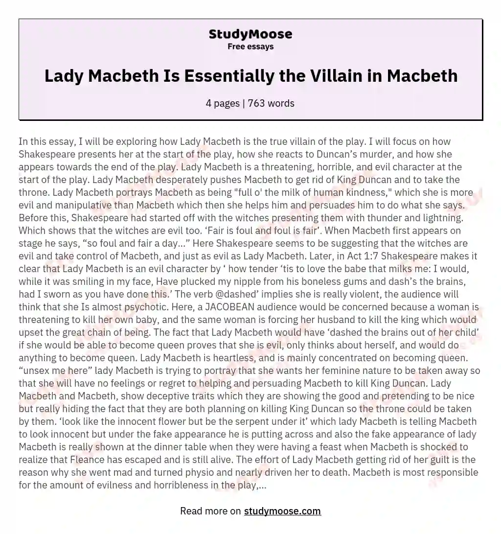 Lady Macbeth Is Essentially the Villain in Macbeth essay