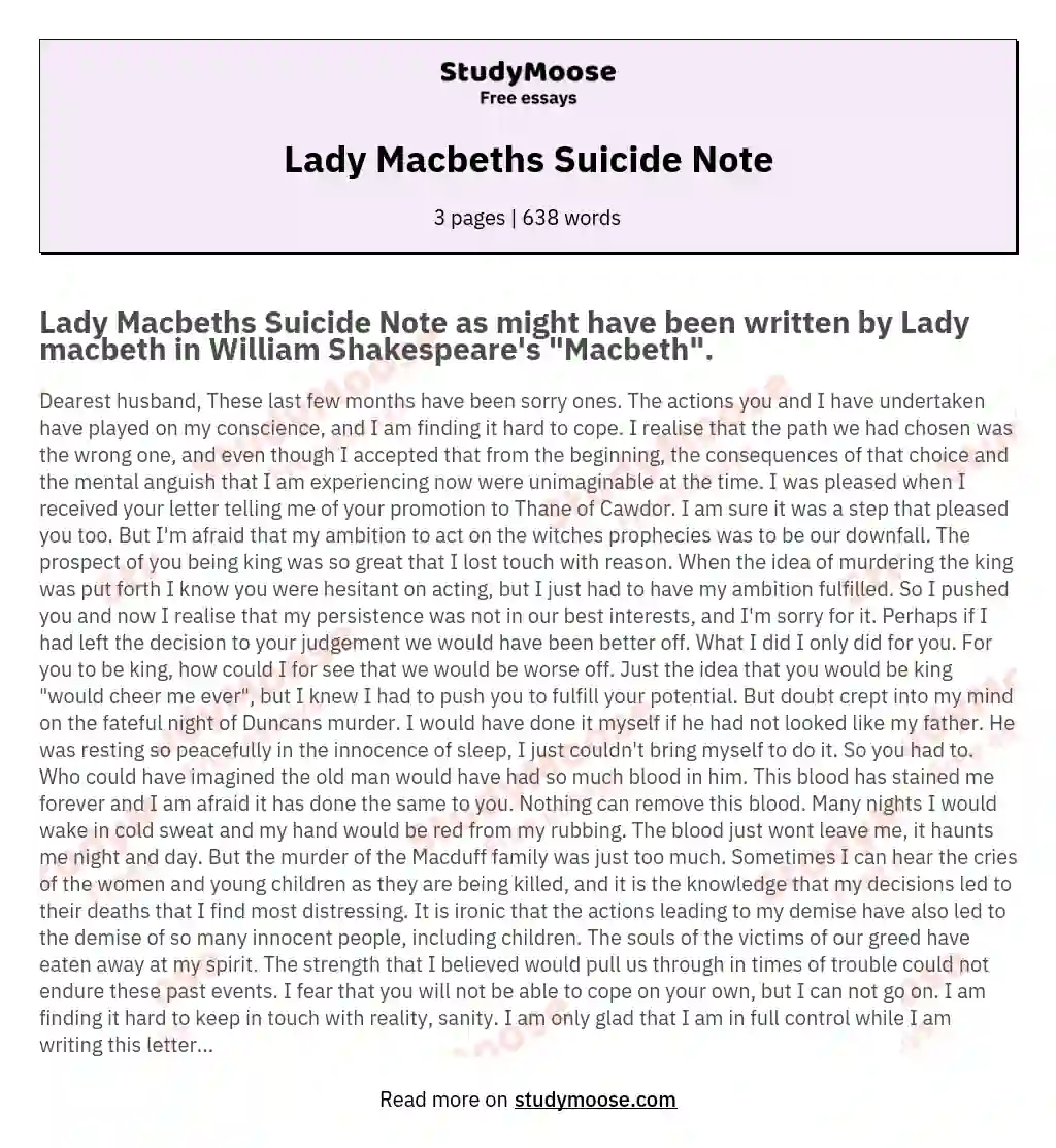Lady Macbeths Suicide Note essay