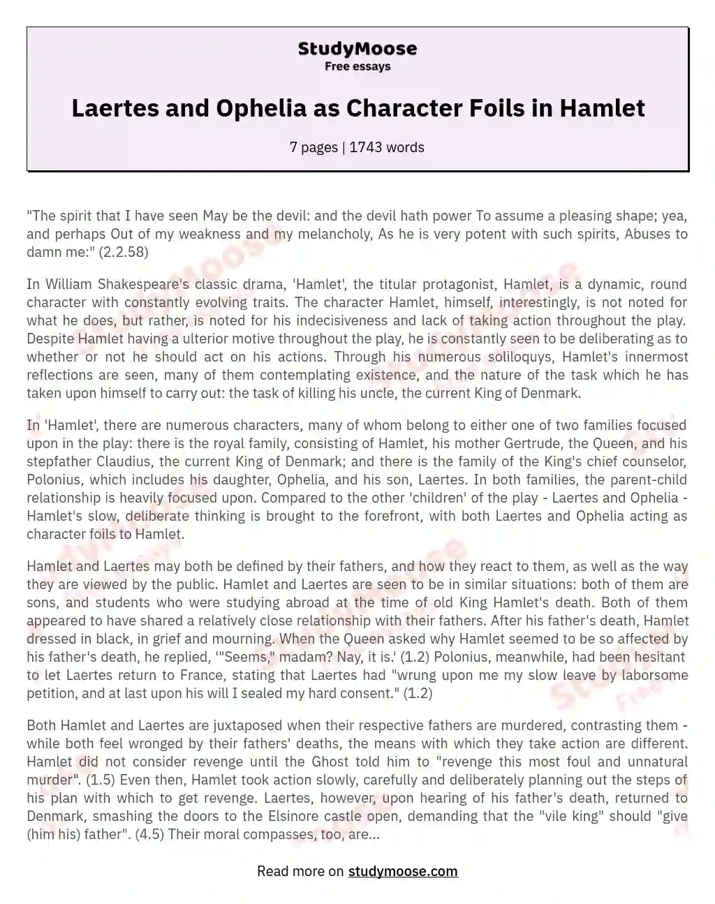 Laertes and Ophelia as Character Foils in Hamlet essay