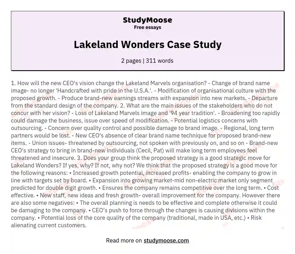 Lakeland Wonders Case Study essay
