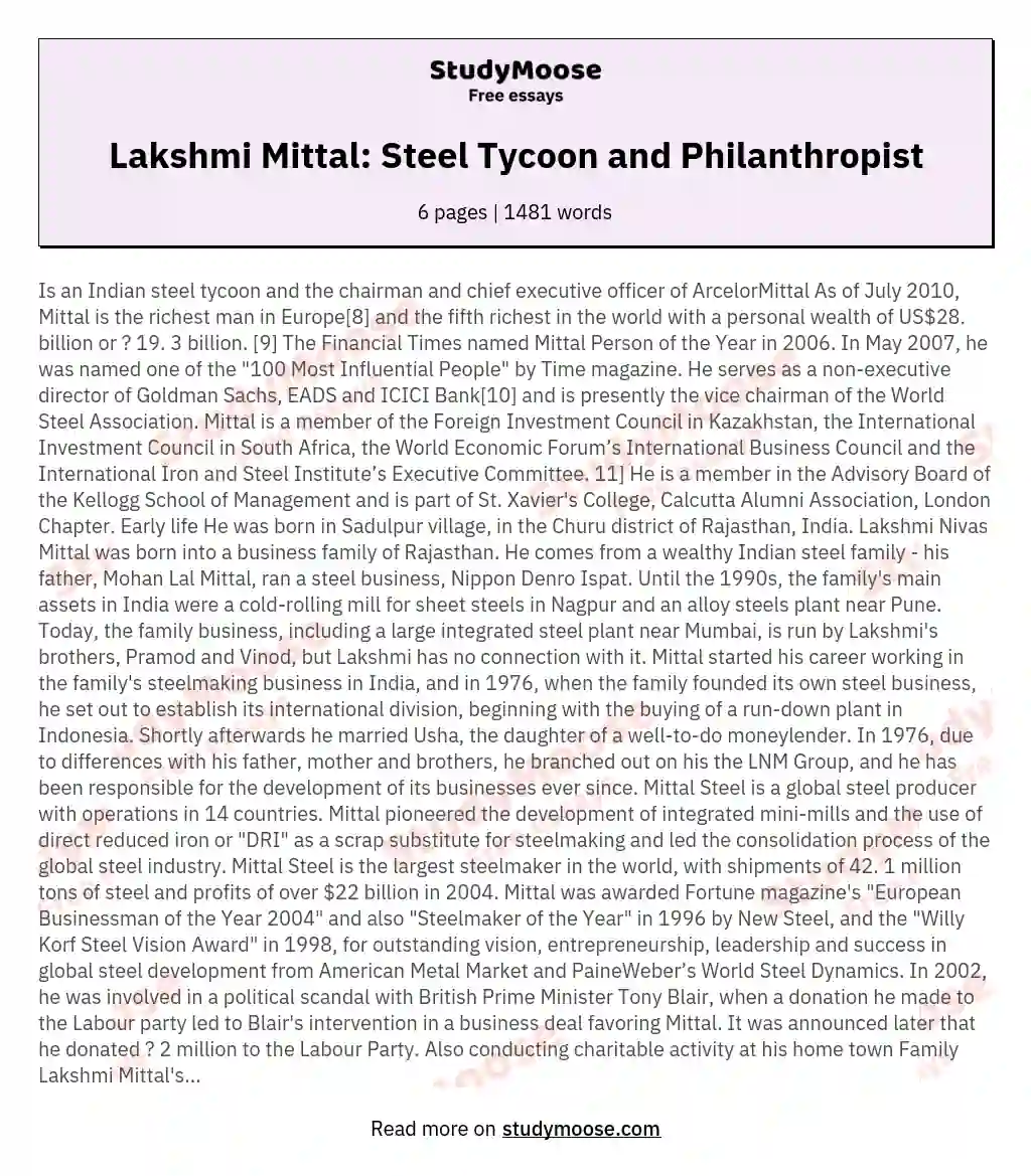 Lakshmi Mittal: Steel Tycoon and Philanthropist essay