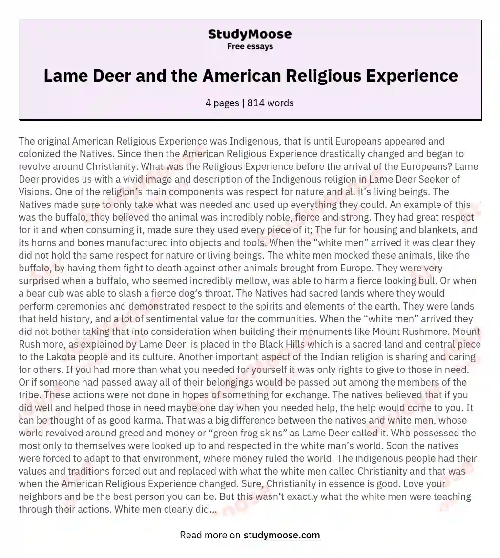 Lame Deer and the American Religious Experience essay