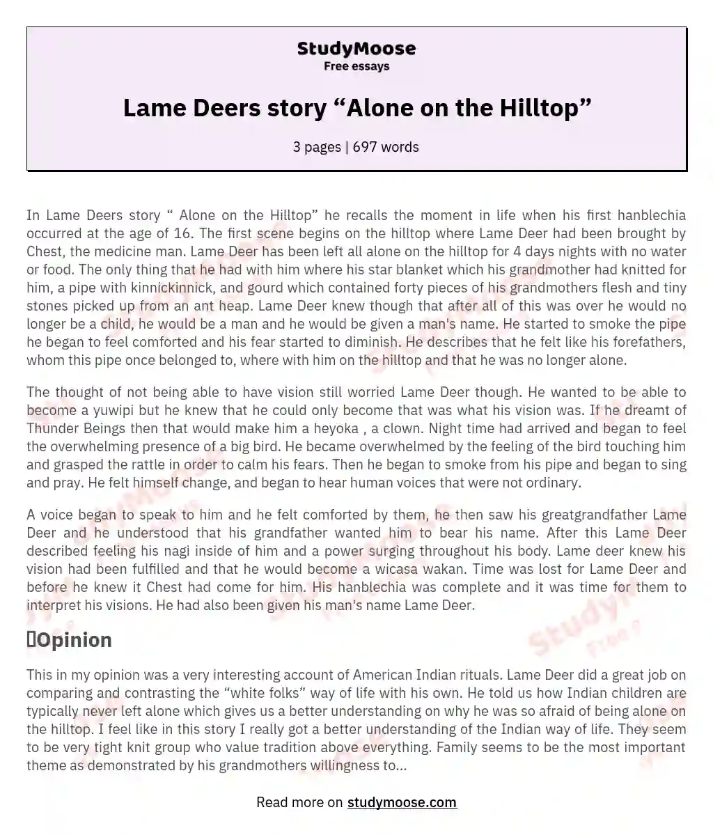 Lame Deers story “Alone on the Hilltop” essay